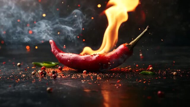 A red chili pepper is on fire with flames and smoke rising in a dark background