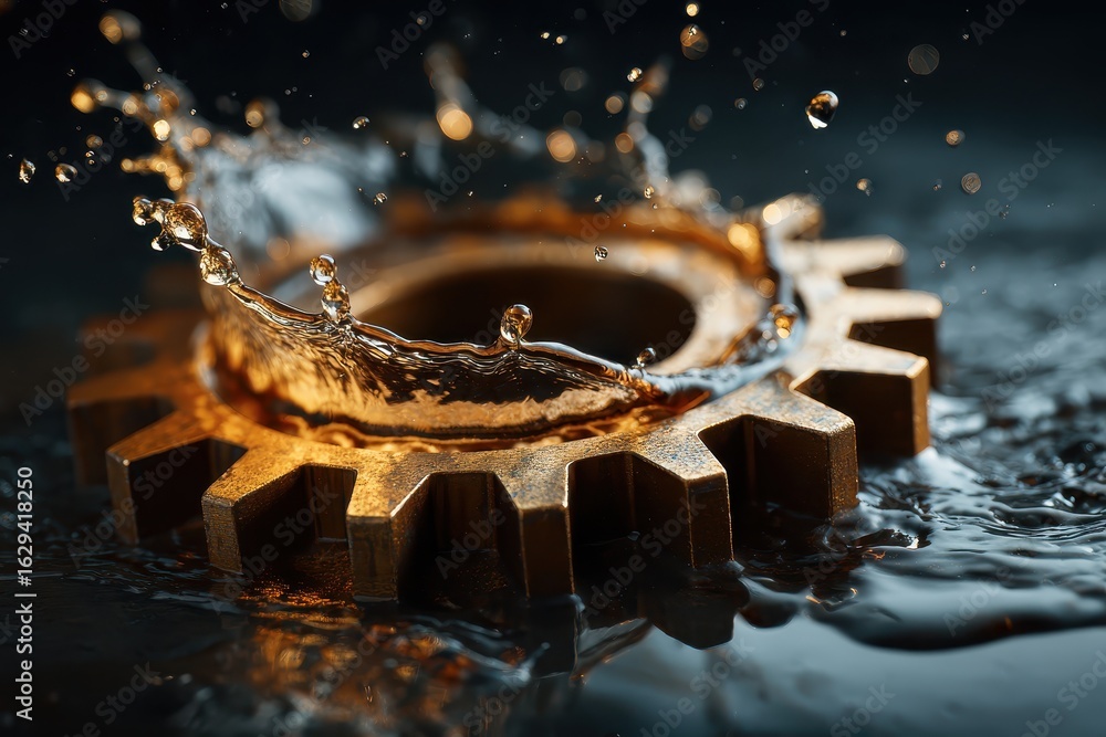 Poster close up of a gear immersed in oil with splashes highlighting the intricate details of mechanics in 