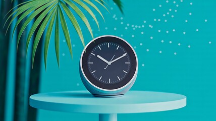 Modern round clock on teal table with tropical leaves and abstract decorative background
