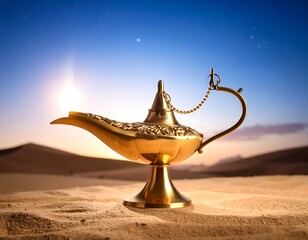 Ornate golden oil lamp rests in desert sand at sunrise