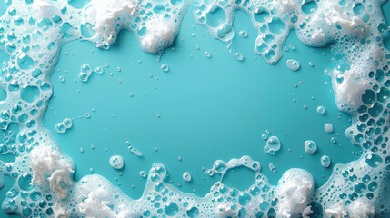 Bubbles on a turquoise background create a textured frame. The scene is clean and fresh, ideal for cleaning or hygiene concepts.