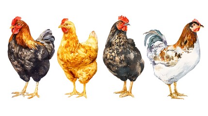 Fototapeta premium Young brown hens, chicken. Hand drawn watercolor illustration isolated on white background