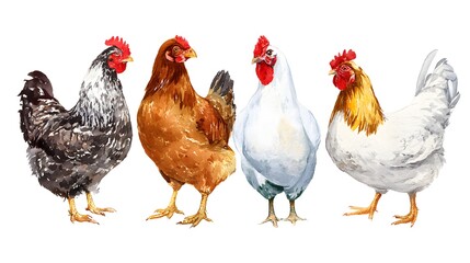 Young brown hens, chicken. Hand drawn watercolor illustration isolated on white background