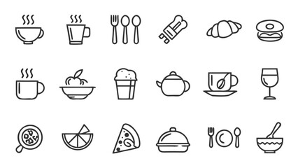 Collection of outline icons representing various food and drink items in a simple line art style