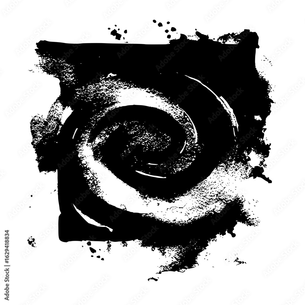 Poster a black and white abstract image featuring a spiral design within a square shaped grunge texture eff