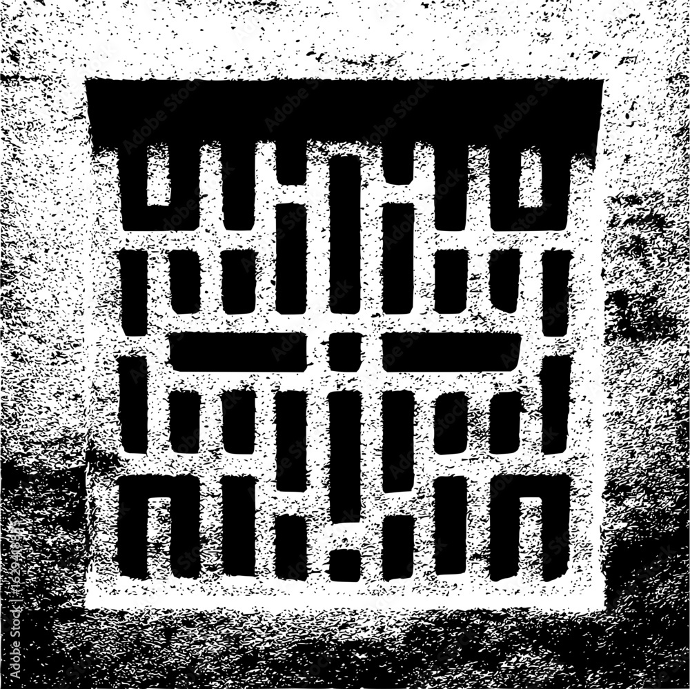 Poster close up of a square vent with a grid pattern set into a textured wall in black and white monochrome