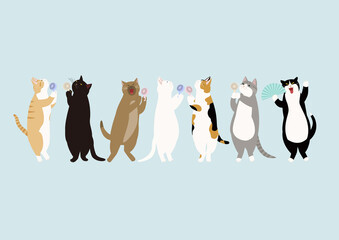 ハンディファンを持つ7匹の猫