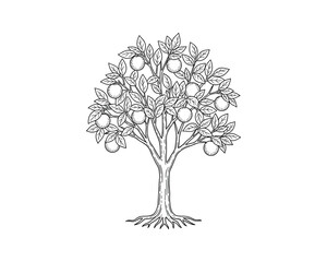 Orange Tree with Fruits Sketch, Detailed Black and White Drawing Vector Illustration