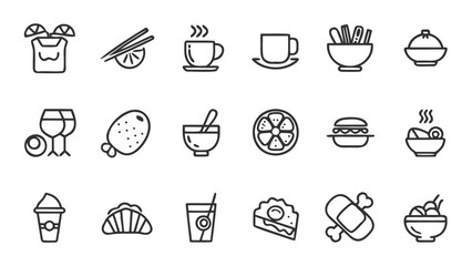 Line art illustration showcasing a variety of food and drink items in a simple and minimalist style