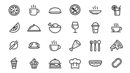 Illustration of various food and drink items including pizza coffee burger and utensils in outline style