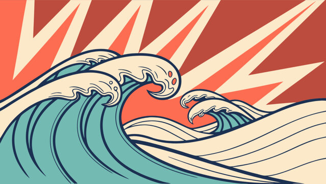 Ocean wave illustration sea water art print japanese style wave design nature background vector artwork