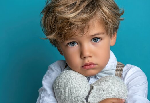 A sad little boy in formal holds a broken heart-shaped pillow against a blue background, a concept for Valentine's Day