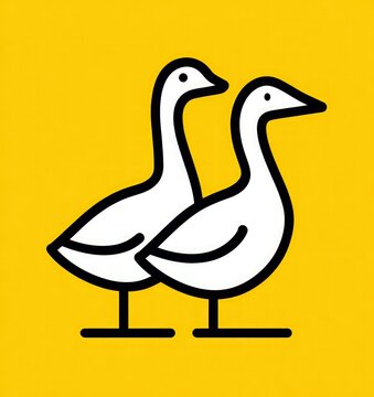 Two stylized geese, white on solid yellow backdrop