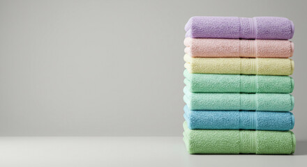 Soft Cotton Towels Stacked in Pastel Colors on a White Surface