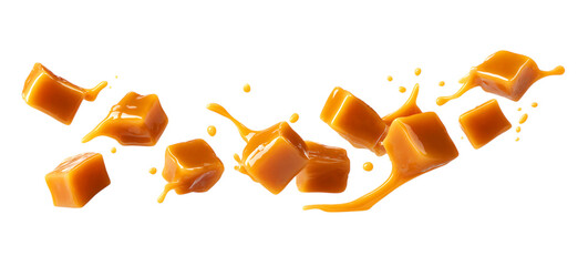Caramel pieces and caramel splash flying in the air isolated on a transparent background