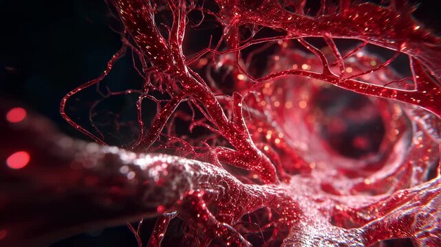 Crosssectional animation of the aortic tree with pulsating red highlights visualizing immune system attack in Takayasu arteritis.