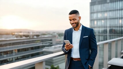 A businessman in a suit using a smartphone outdoors on a balcony with modern office buildings in the background - Powered by Adobe