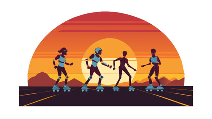 Roller skating group enjoying sunset a vector illustration for outdoor recreation and fitness activities