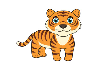 Cute Cartoon Baby Tiger with Big Blue Eyes Smiling