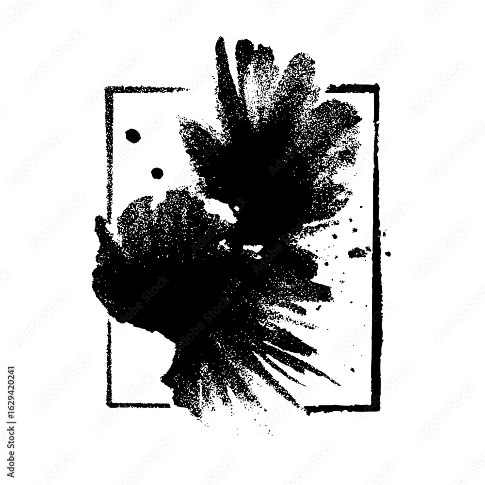 Poster black ink blot within a square frame with splatter and textured details on a white background art pi