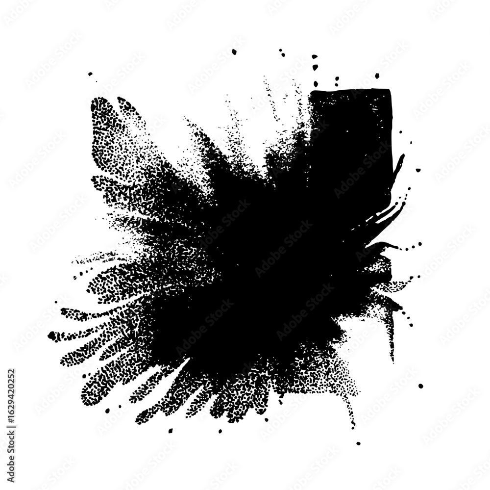 Poster abstract black ink splodge with textured edges and scattered droplets on a white plain background vi