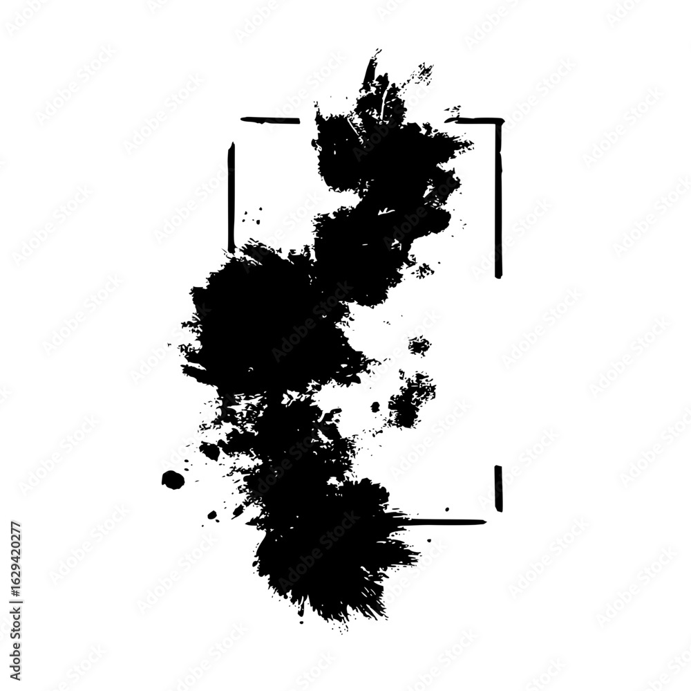 Poster black ink splatters and drips arranged vertically inside a partial square frame on white background
