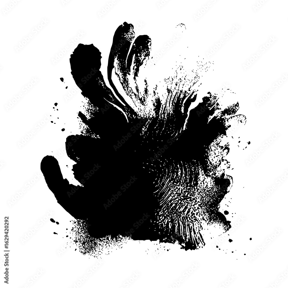 Poster black ink handprint with visible fingerprint texture and scattered ink droplets on a white backgroun