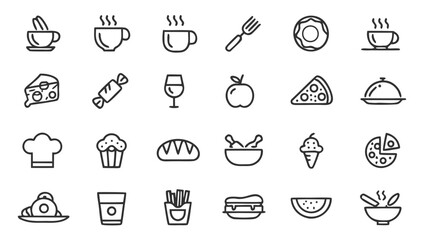 Collection of various food and drink icons including coffee, pizza, sweets, and other culinary items
