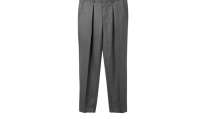A classic pair of tailored gray dress pants, showcasing a sophisticated and timeless style suitable for formal occasions.