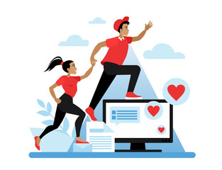 Corporate mutual assistance and care. Two employees climb the career ladder by helping each other. The concept of quality partnership and cooperation. Vector illustration in a flat cartoon style