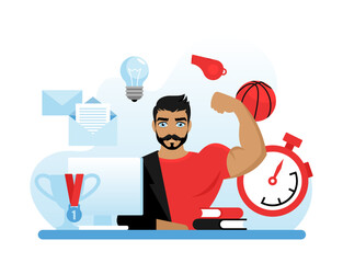 A male office worker works not only mentally, but also does sports. Healthy lifestyle. The concept of playing sports in between jobs. Flat cartoon-style illustration