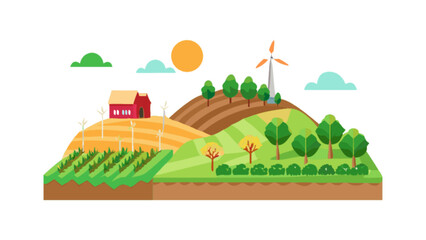 Farm landscape vector illustration with fields, trees, barn and windmill for agriculture design