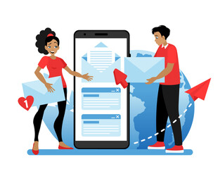 A girl and a guy receive and respond to emails from a smartphone screen. The concept of feedback. Vector illustration in a flat cartoon style