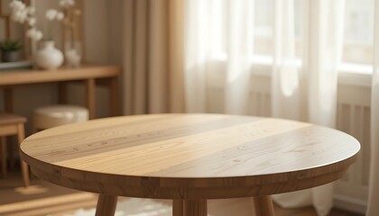 Modern Empty Wooden Dining Table in a Bright and Naturally Lit Room with a Blurred Background of a Window, Curtains, and Minimalist Home Decor