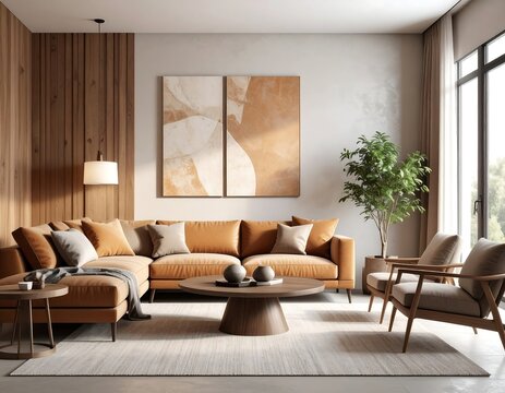 Modern living room with L-shaped sofa, wooden accents, and large windows