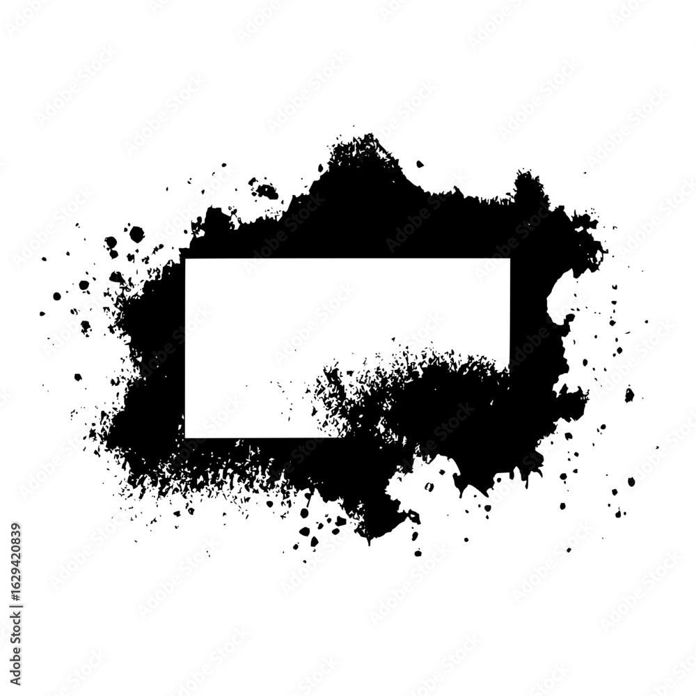 Poster black ink splatter frame with a rectangular cutout in the center on a white background creating cont