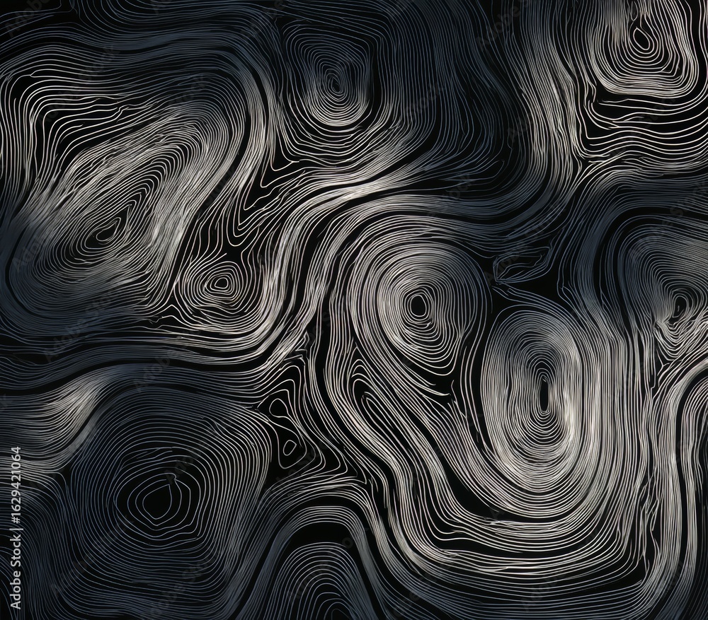 Poster the wavy, abstract pattern in black and white bears a resemblance to both topographic lines and maze