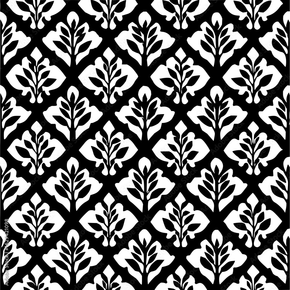 Poster a repeating pattern of stylized white leaf motifs on a black background forming a geometric arrangem