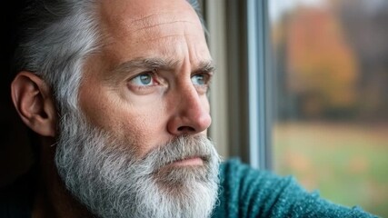 A thoughtful mature man with gray hair and beard looking out a window with autumn scenery in the background - Powered by Adobe
