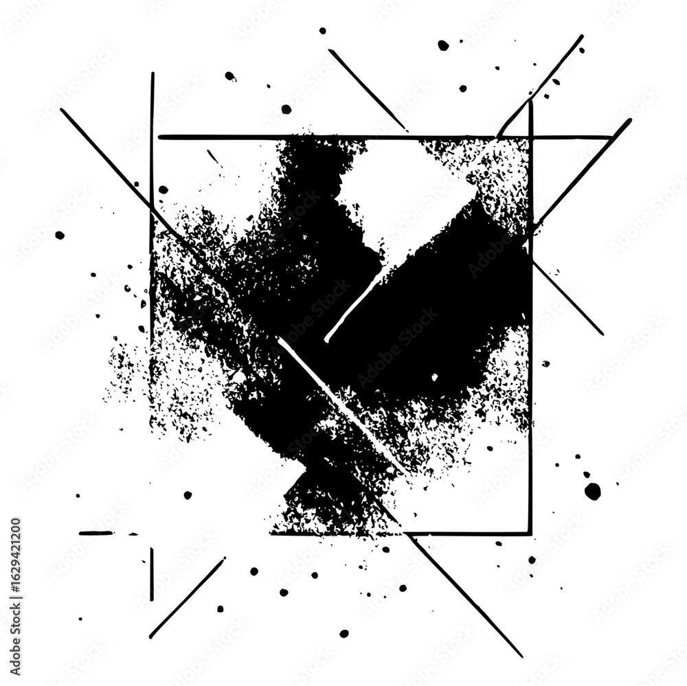 Poster abstract black and white design featuring a square frame with grunge texture and scattered lines and