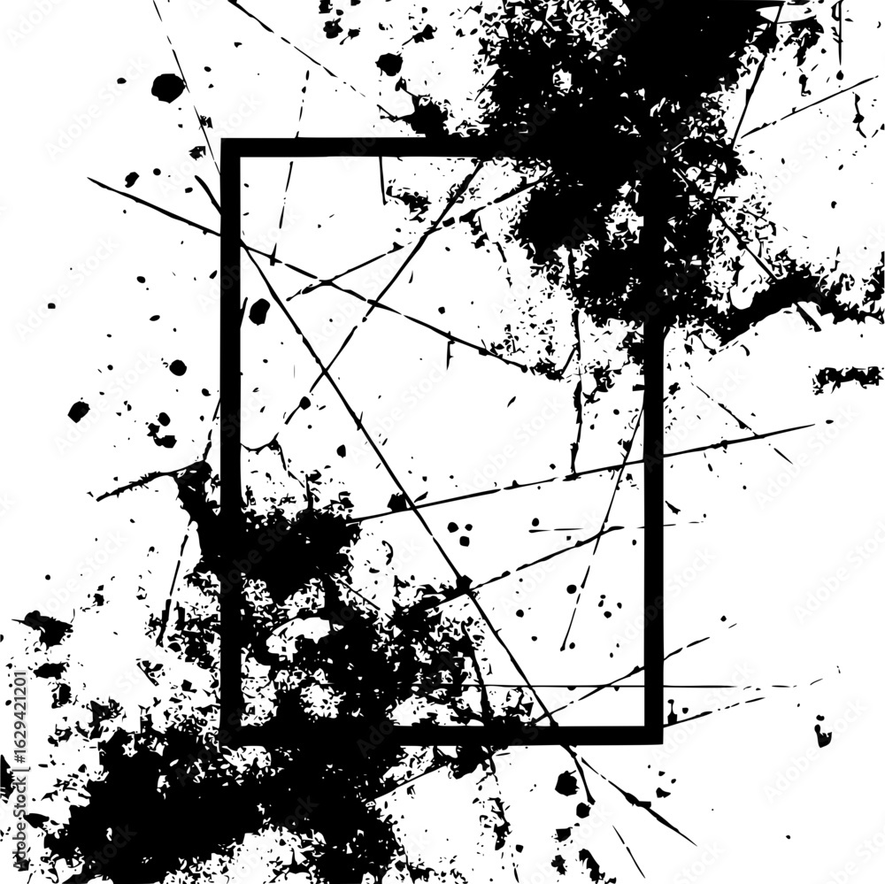 Aufkleber a black square frame surrounded by splatter and line textures on a white abstract background design 