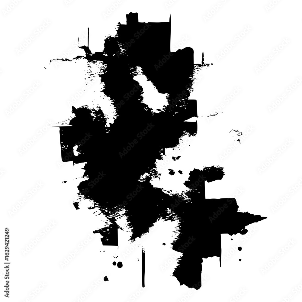 Poster abstract black ink blot with rough edges and uneven distribution on a white background creating text