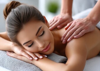 Close-up of hands massaging a woman's back in a spa, against a white background.