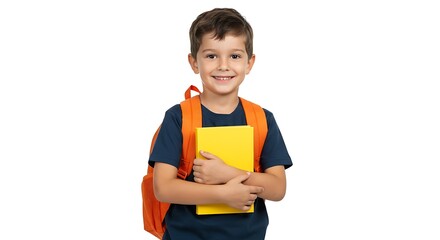 Happy schoolboy with backpack smiling and holding yellow books