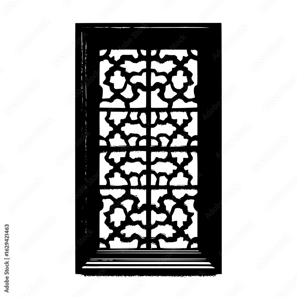 Poster monochrome window with an intricate lattice pattern and a dark frame in a black and white illustrati