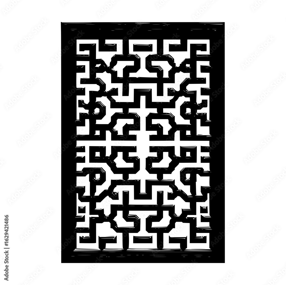 Poster black and white rectangular panel with intricate geometric maze pattern design and thick border fram