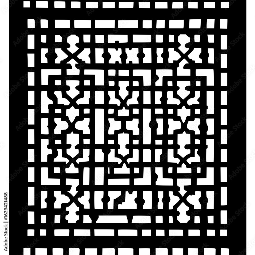 Poster intricate black and white geometric pattern featuring lattice and floral like elements creating a co