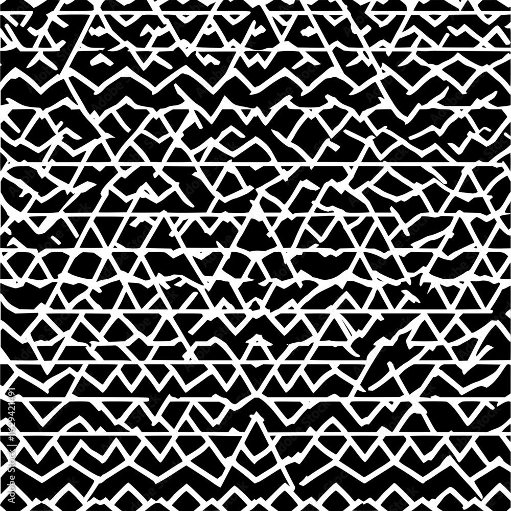 Poster abstract black and white pattern featuring horizontal lines and zigzag shapes creating a chaotic des