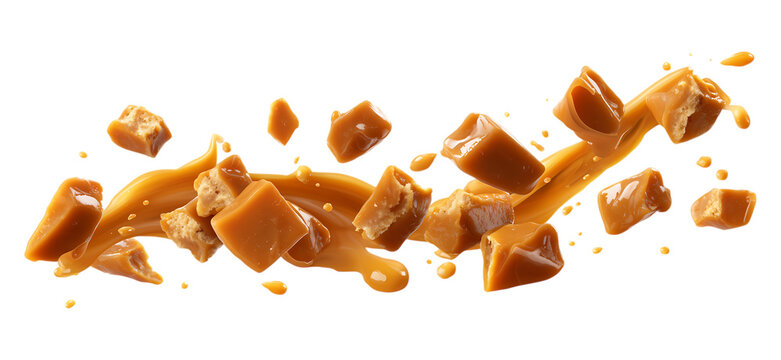 Clusters of caramel pieces flying in the air isolated on a transparent background