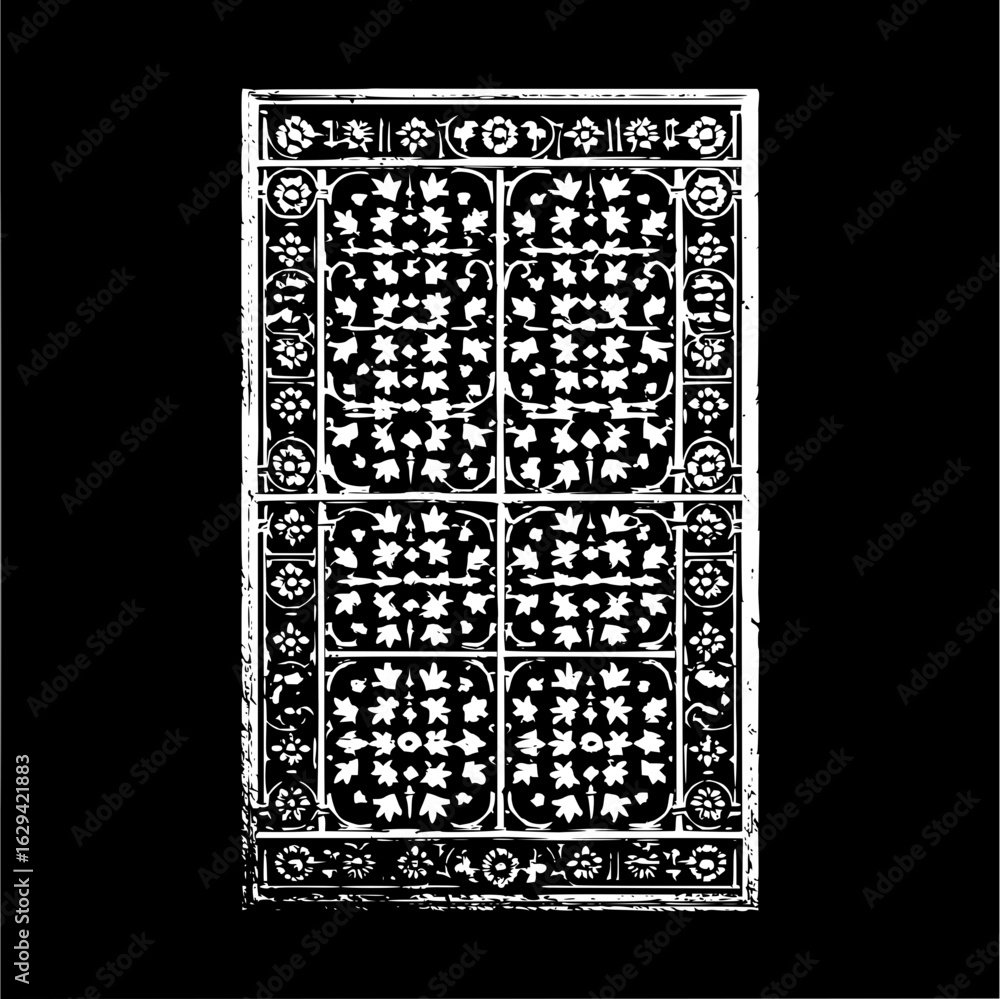 Poster ornate floral panel with symmetrical leaf and flower designs in a decorative rectangular frame patte